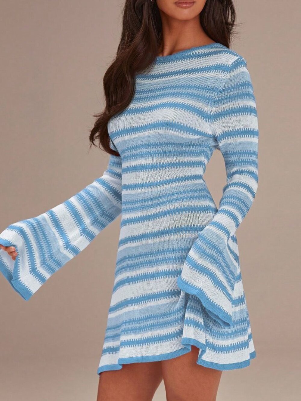 Blue Casual Women's Striped Flare Sleeve Sweater Dress